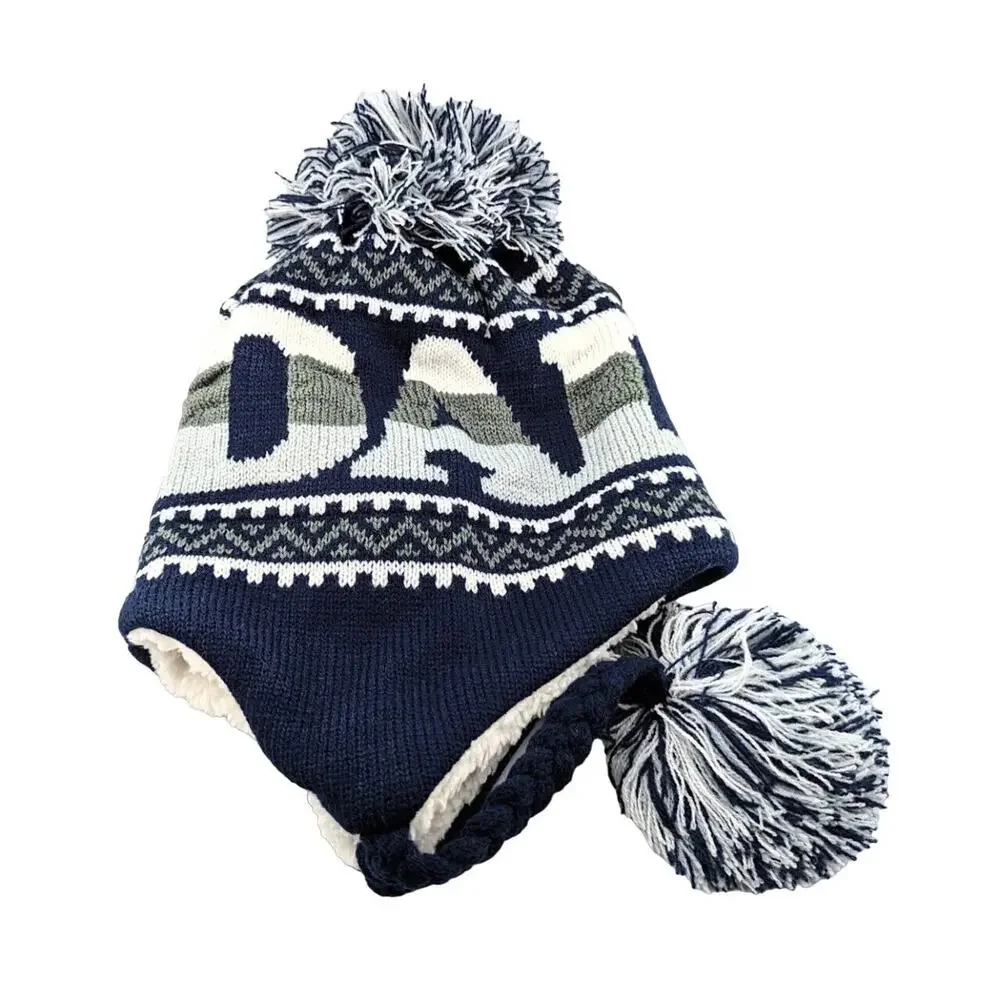 Dallas Cowboys Fair Isle Knit Trapper Hat Ear Flaps Sherpa Lined Beanie Pom Poms